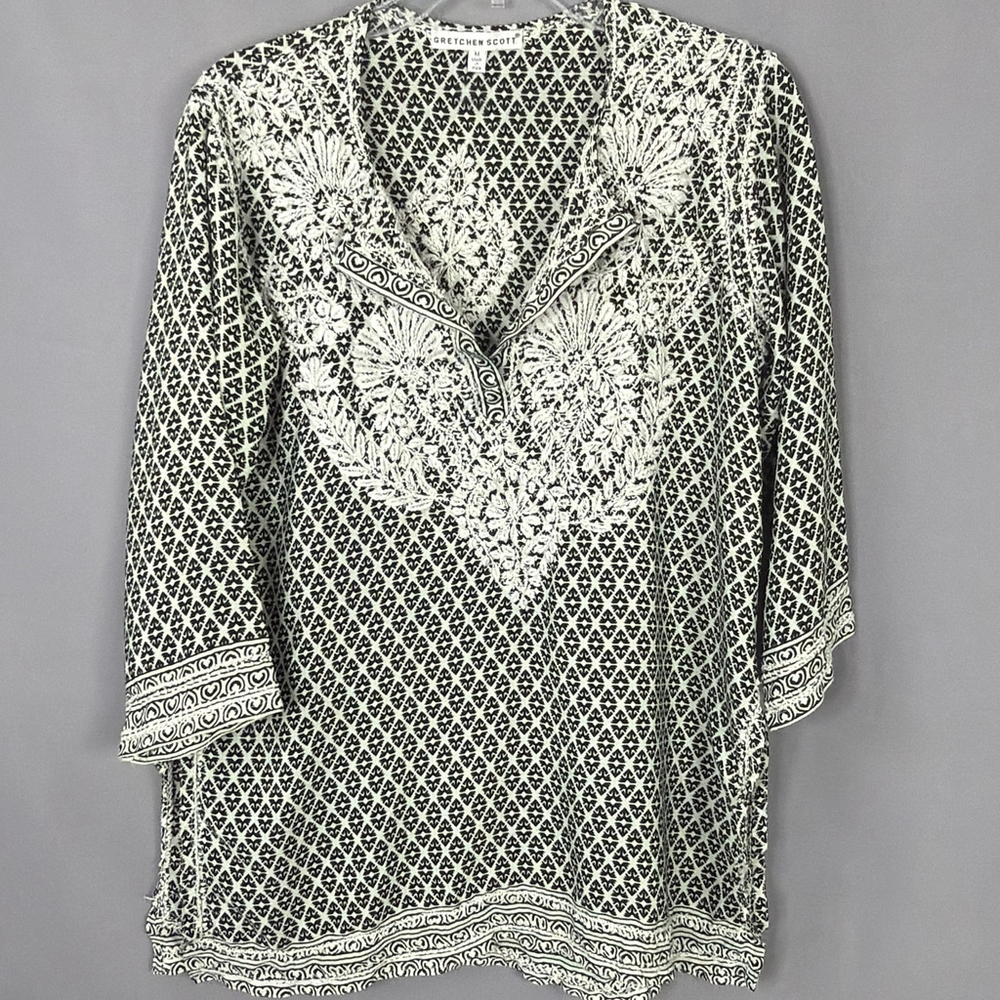 Gretchen‎ Scott Tunic Womens Medium Black Print Embroidered Lightweight Resort